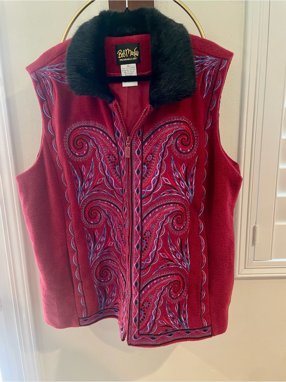 Bob Mackie Red Embroidered Vest with Black Faux Fur Collar